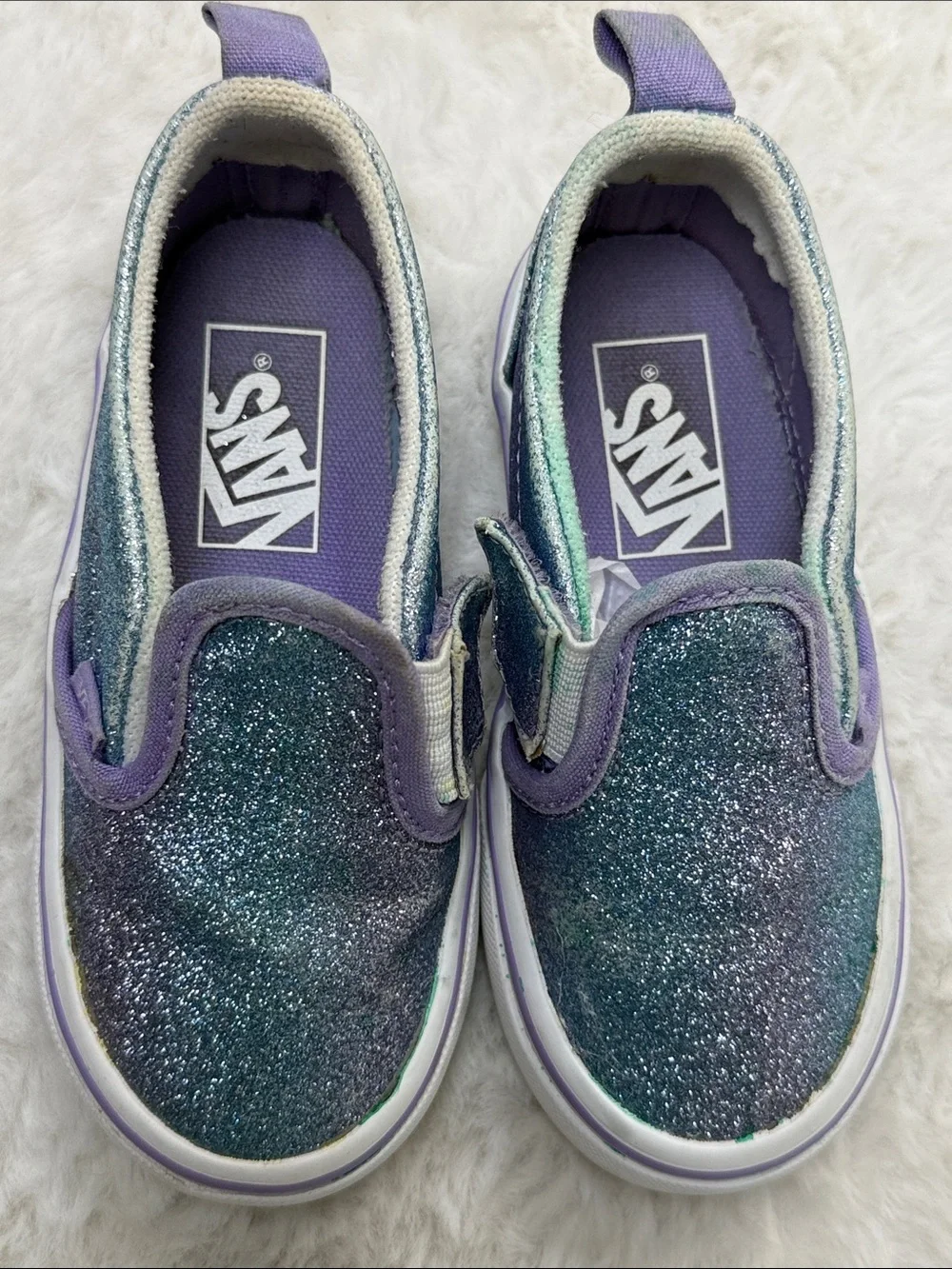 Vans Classic Slip-On Toddler 8 Glitter Iridescent Blue Purple Sparkle Shoes